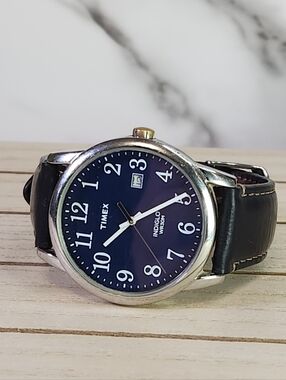 Timex Blue Dial Dark Brown Leather Strap Watch
